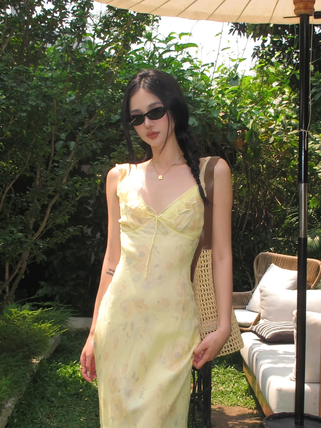 Cute Sheath Straps Print Floral Yellow Chiffon Long Party Dress Wedding Guest Dress SH2930