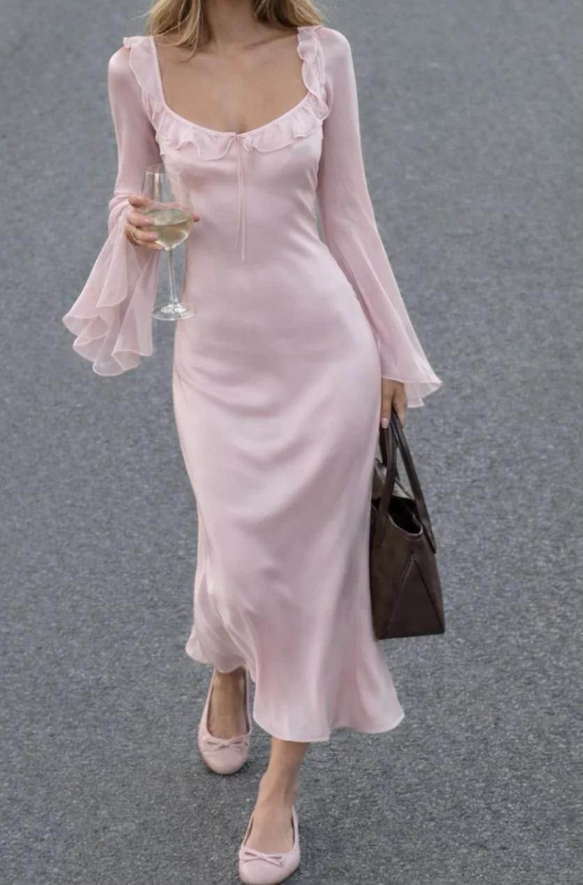 Gentle Pink Sheath Long Sleeve Chiffon Satin Long Prom Dress Outfits SH5202