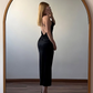 Vintage Simple Sheath Spaghetti Strap Black Satin Backless Prom Dress Evening Dress SH6976