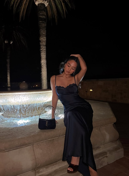 Navy Blue Sheath Spaghetti Strap Satin Long Prom Dress Evening Dress SH8967