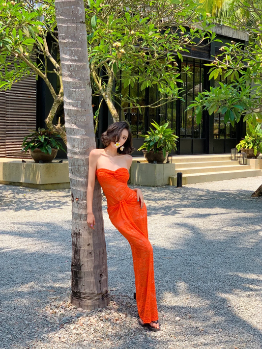 Orange Sheath Sweetheart Neck Sexy Lace Long Prom Dress Vacation Dress SH4313