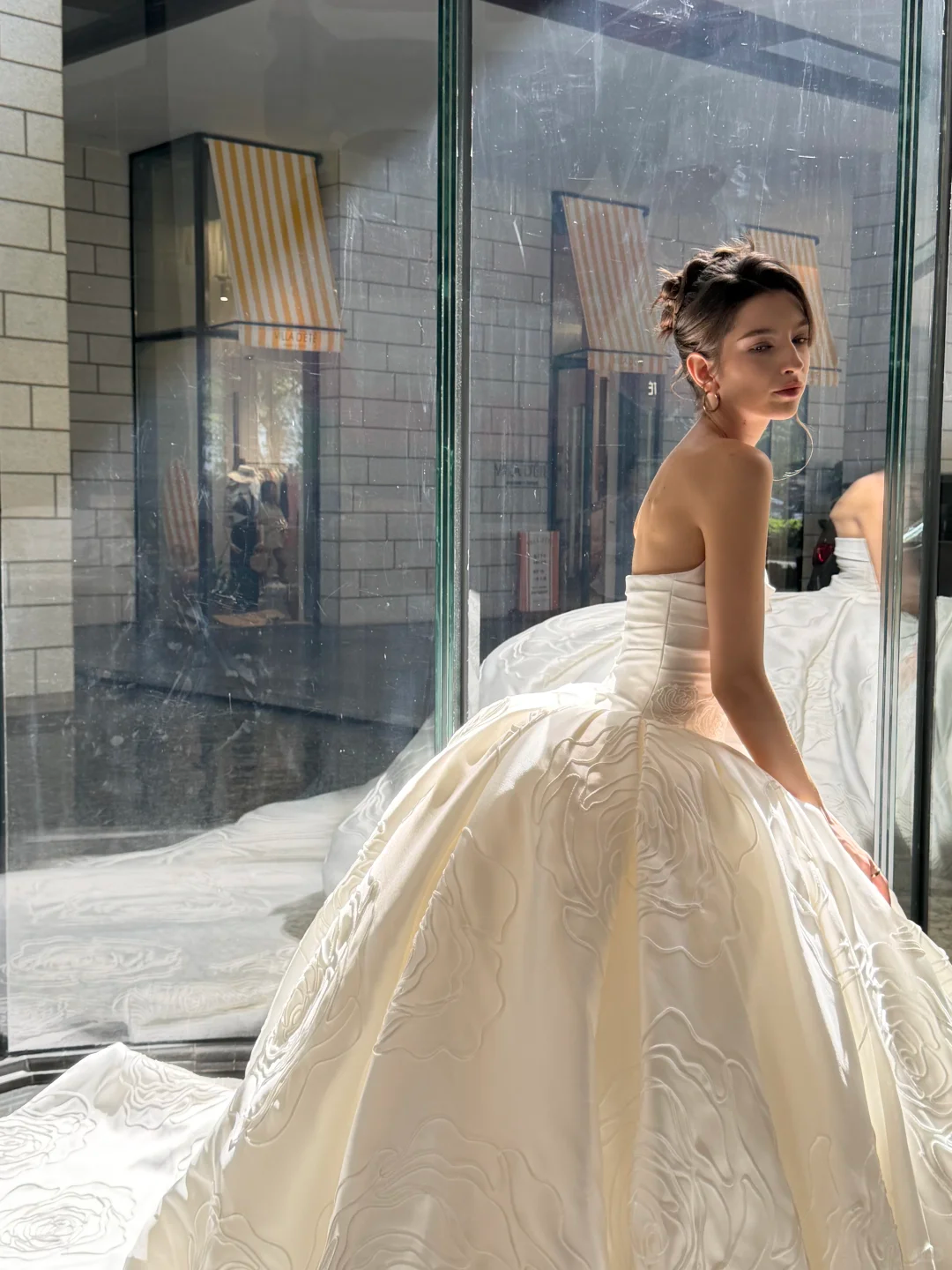 Rose Ball Gown Strapless White Satin Long Sweep Wedding Dress SH5279