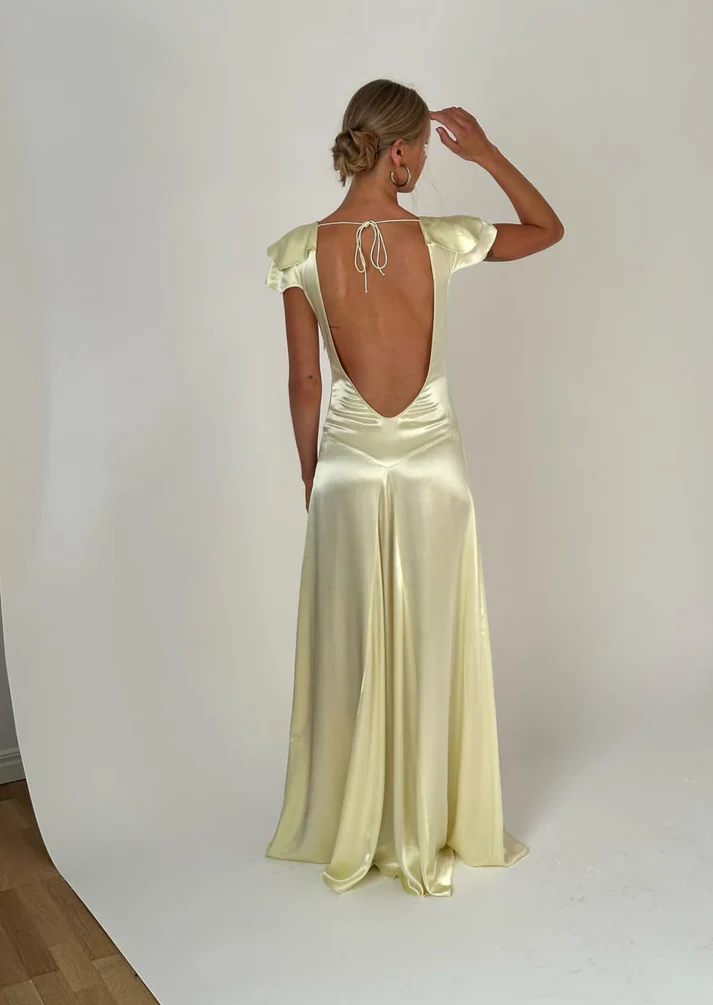Yellow A Line V Neck Satin Backless Long Prom Dress Outfits SH5473