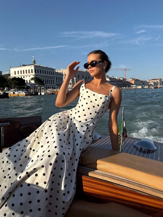 Classic Black-White Polka Dot A Line Straps Satin Long Prom Dress Vacation Dress SH4810