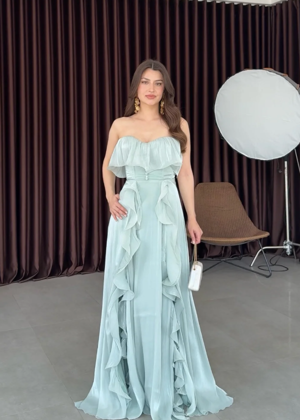 Ethereal A Line Strapless Ruffle Blue Chiffon Long Prom Dress Evening Dress SH7291