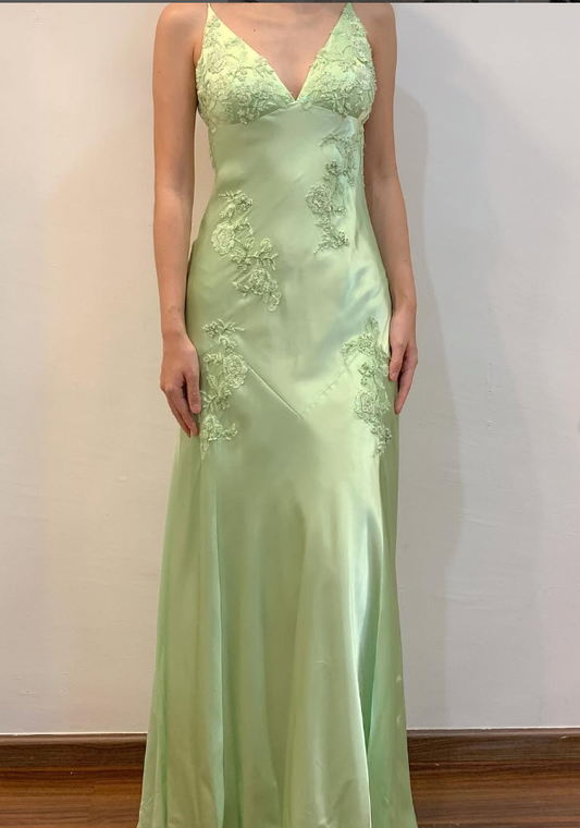 Green Mermaid V Neck Appliques Satin Open Back Long Prom Dress Outfits SH1820