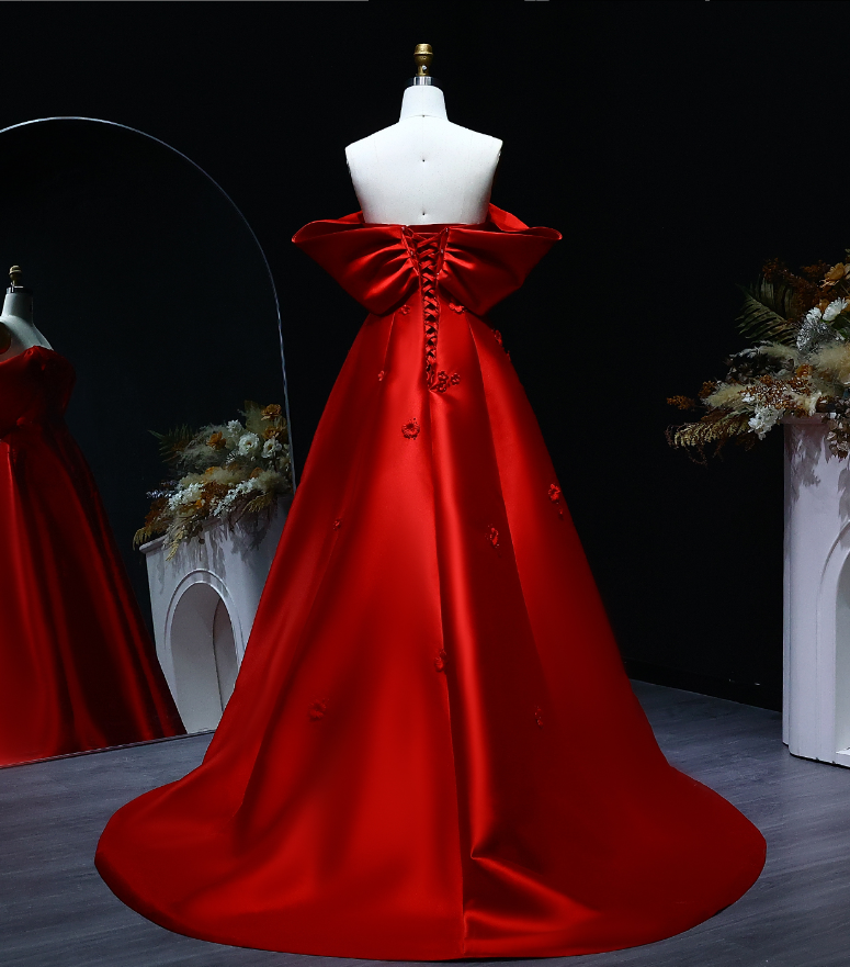Elegant A Line Off the Shoulder 3D Flower Red Satin Prom Dress Evening Dress SH2378