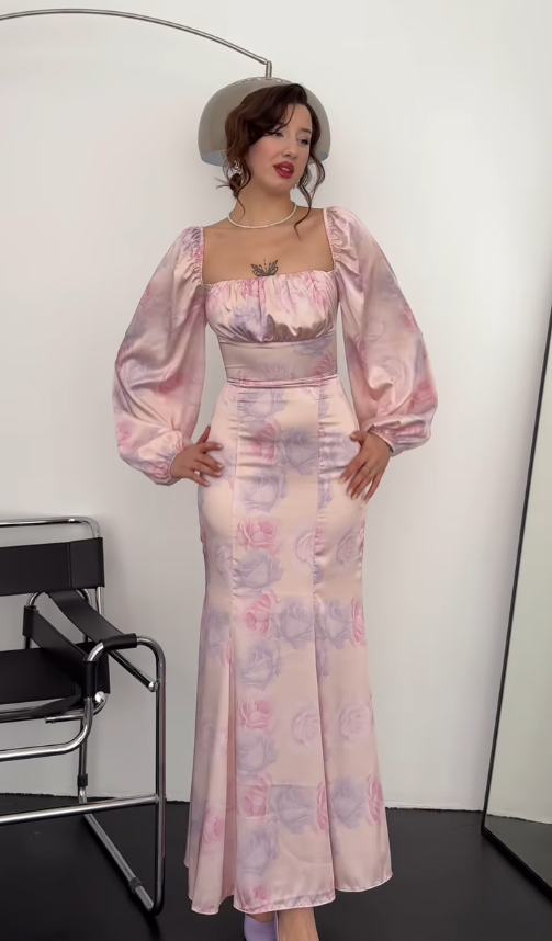 Pink Mermaid Long Sleeve Print Floral Satin Long Prom Dress Party Dress SH4847