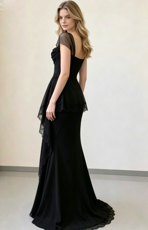 Elegant Black Mermaid Straps Pleated Chiffon Prom Dress Evening Dress SH5498