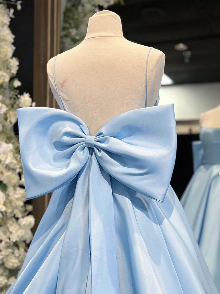 Blue A-Line Spaghetti Strap Bow Satin Long Prom Dress Graduation Dress SH1695