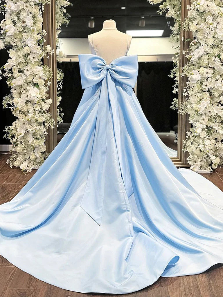 Blue A-Line Spaghetti Strap Bow Satin Long Prom Dress Graduation Dress SH1695