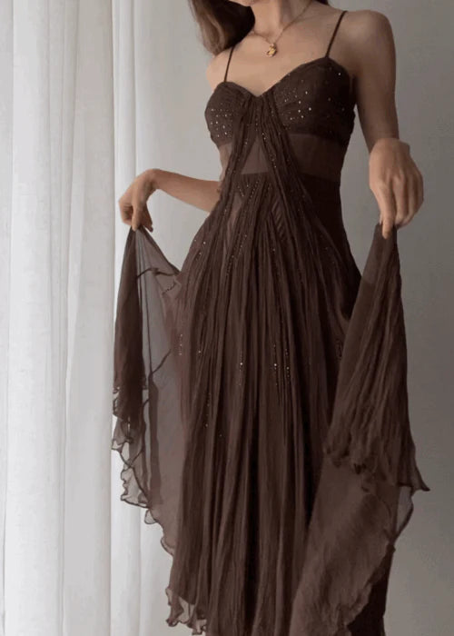 Vintage Brown A Line Spaghetti Strap Beaded Chiffon Long Prom Dress Party Dress SH4540
