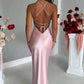 Halter Neck Pink Prom Dresses Sheath Backless Satin Party Gown Evening Dress SH2572