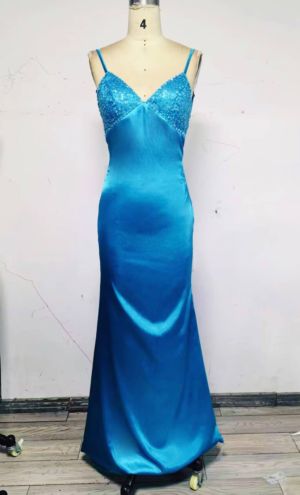 Blue Backless Mermaid Satin Long Evening Prom Dress SH1527
