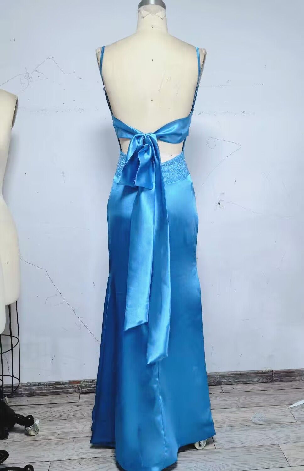 Blue Backless Mermaid Satin Long Evening Prom Dress SH1527
