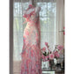 Flowy Mermaid Spaghetti Strap Print Flower Pink Chiffon Party Dress SH3292