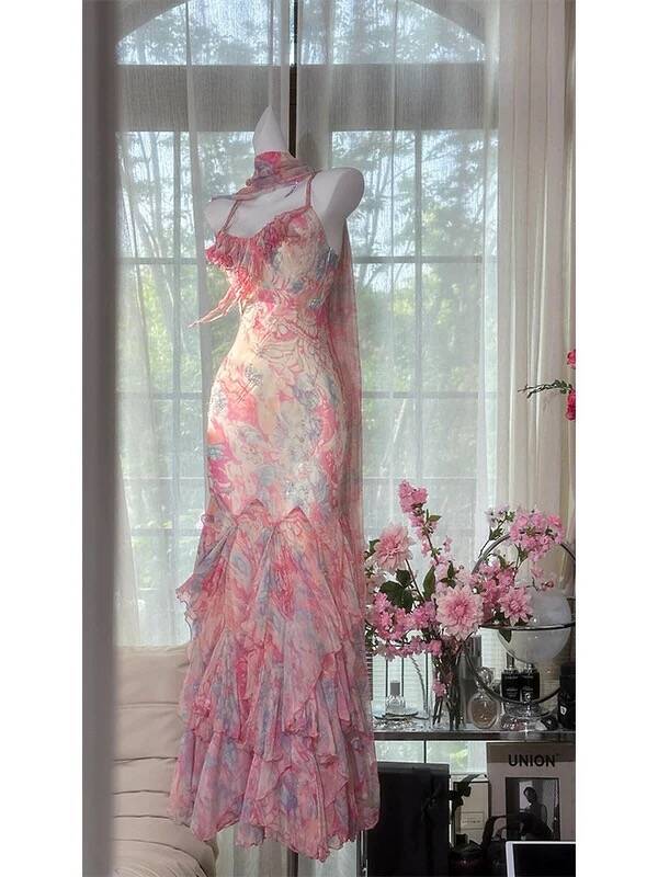 Flowy Mermaid Spaghetti Strap Print Flower Pink Chiffon Party Dress SH3292
