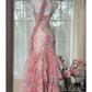 Flowy Mermaid Spaghetti Strap Print Flower Pink Chiffon Party Dress SH3292