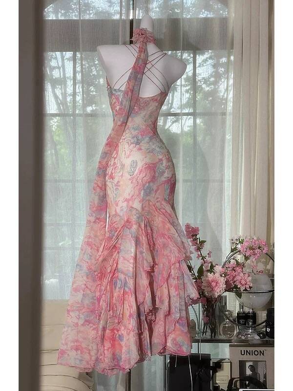 Flowy Mermaid Spaghetti Strap Print Flower Pink Chiffon Party Dress SH3292