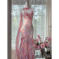 Flowy Mermaid Spaghetti Strap Print Flower Pink Chiffon Party Dress SH3292