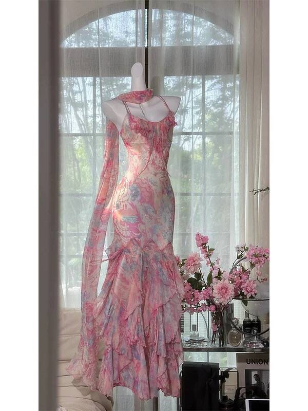 Flowy Mermaid Spaghetti Strap Print Flower Pink Chiffon Party Dress SH3292