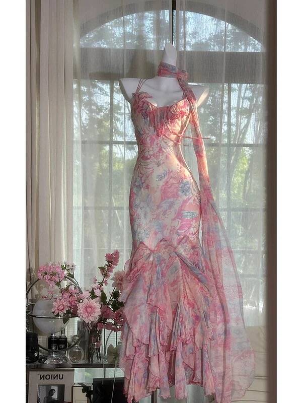 Flowy Mermaid Spaghetti Strap Print Flower Pink Chiffon Party Dress SH3292