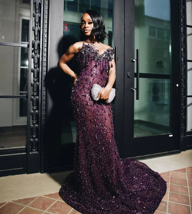 Sexy Special Occasion Dress Mermaid Sweetheart Grape Sequins Prom Dresses With Beads Gem Party Dress Long Evening Dresses SH6408