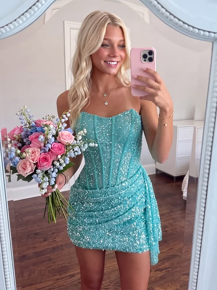 Blue Shiny Sheath Strapless Corset Sequin Short Homecoming Dress SH8440