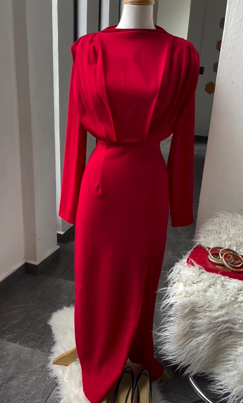 Long Evening Dresses Long Sleeves Red Prom Dress SH469