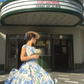 Vintage A Line Round Neck Blue Print Floral Satin Prom Dress Evening Dress SH4251