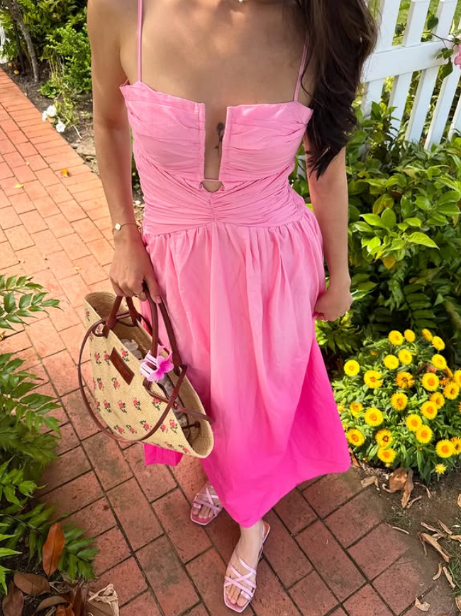 Pink Ombre A Line Spaghetti Strap Satin Backless Prom Dress Vacation Dress SH6253