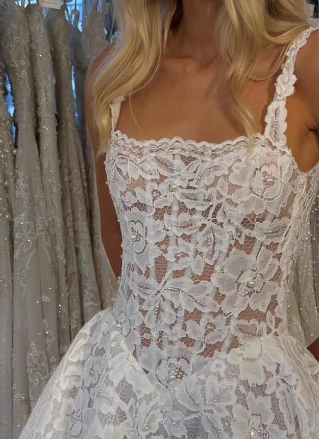 High-class A Line Spaghetti Strap White Lace Long Wedding Dress SH6195