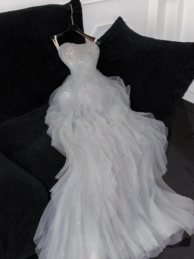 Romantic A Line Strapless Beaded Ruffle Grey Tulle Party Dress Evening Dress SH3371