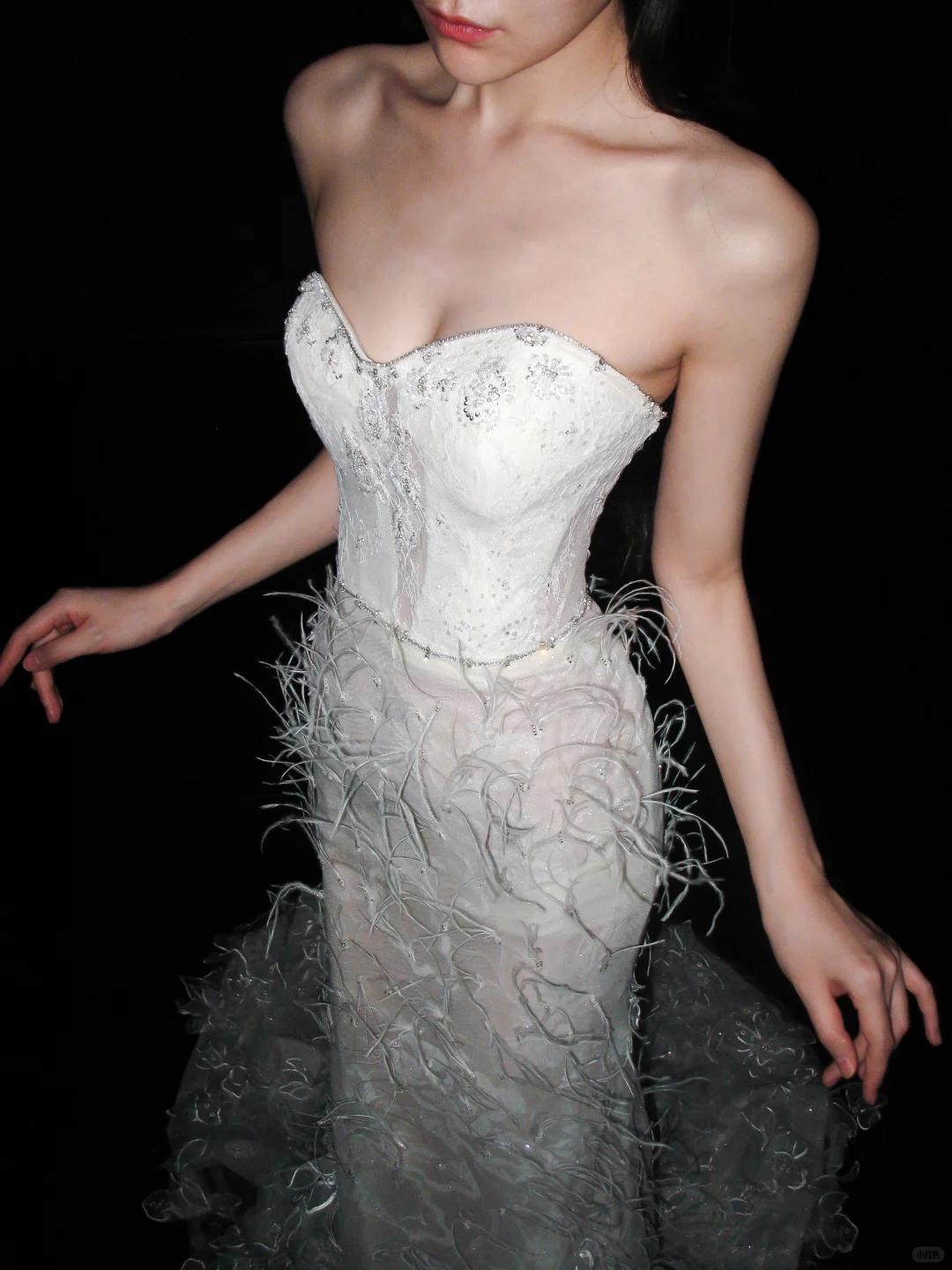 Glamorous Mermaid Sweetheart Neck Beaded Feather Lace Long Wedding Dress SH5959