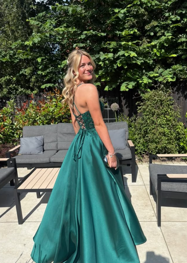 Emerald A Line Spaghetti Strap Lace Appliques Satin Prom Dress Birthday Dress SH9021