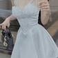 White A Line Spaghetti Straps Print Satin Short Homecoming Dress Outfits SH6226