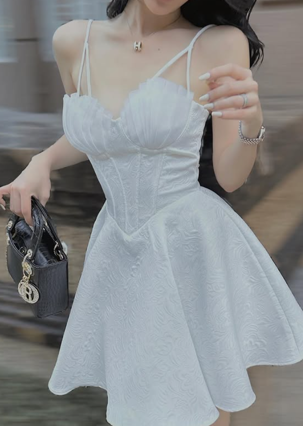 White A Line Spaghetti Straps Print Satin Short Homecoming Dress Outfits SH6226