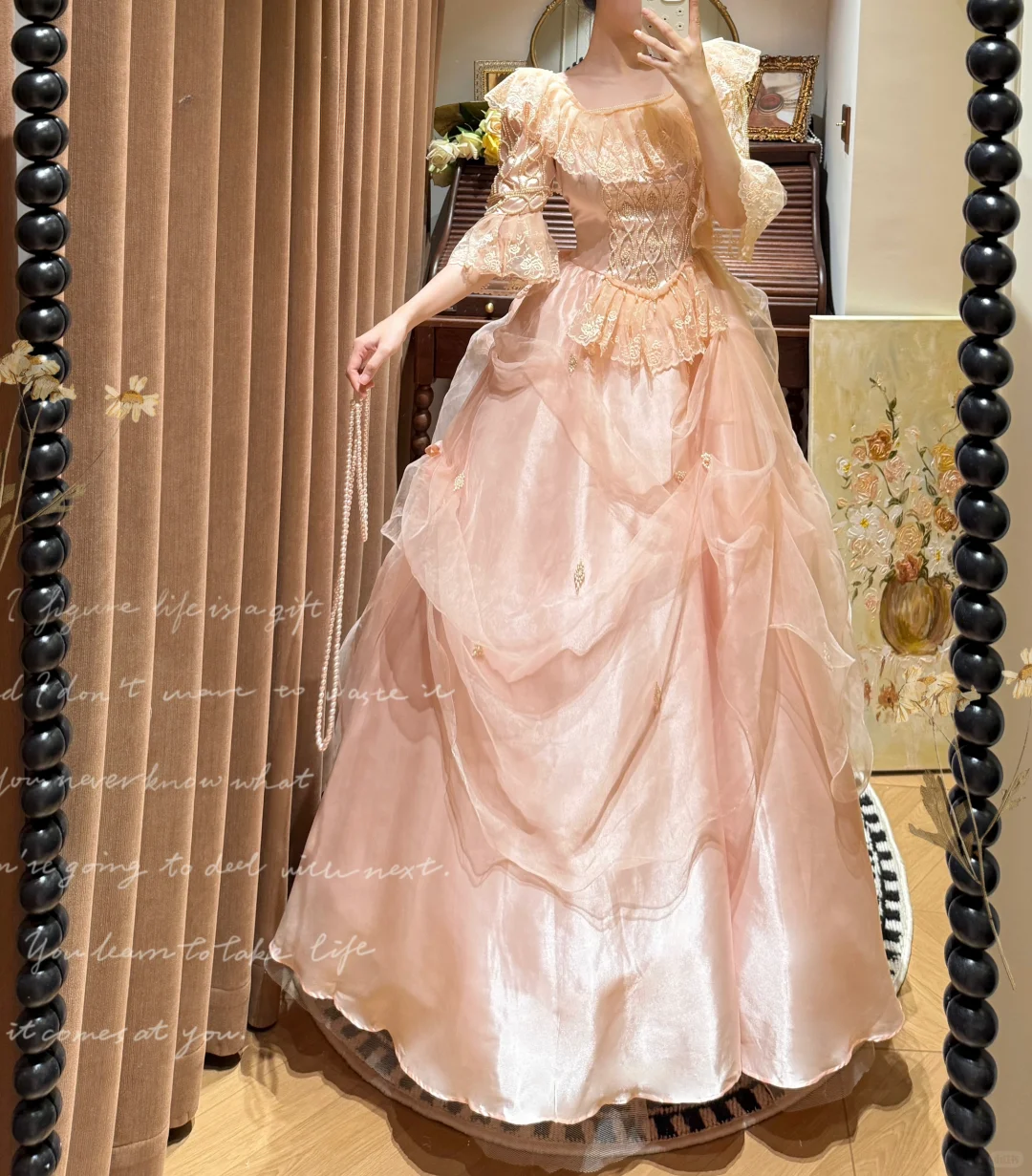 Vintage Light Pink Ball Gown Sleeve Lace Organza Satin Prom Dresses 18th Birthday Dresses SH4642