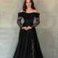 Elegant Black A Line Long Sleeve Lace Satin Prom Dress Evening Dress SH6013