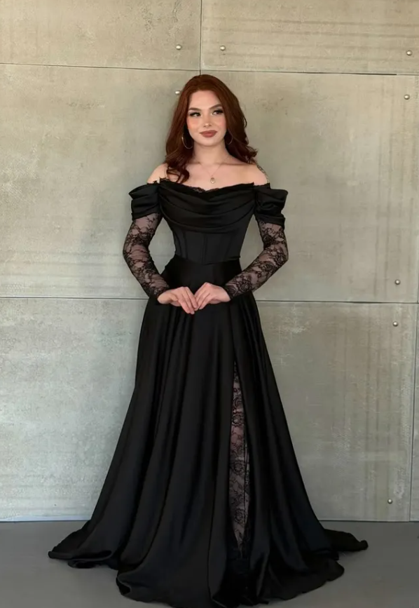 Elegant Black A Line Long Sleeve Lace Satin Prom Dress Evening Dress SH6013