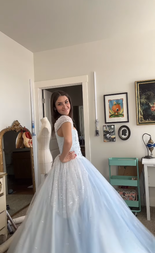 Baby Blue A Line Puff Beaded Embroidery Tulle Satin Prom Dress Evening Dress SH4879