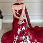 Burgundy Mermaid Sweetheart Neck White Applique Tulle Prom Dress Party Dress SH4077
