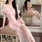 Classic Sheath Off the Shoulder Pink Lace Long Prom Dress Evening Dress SH4670