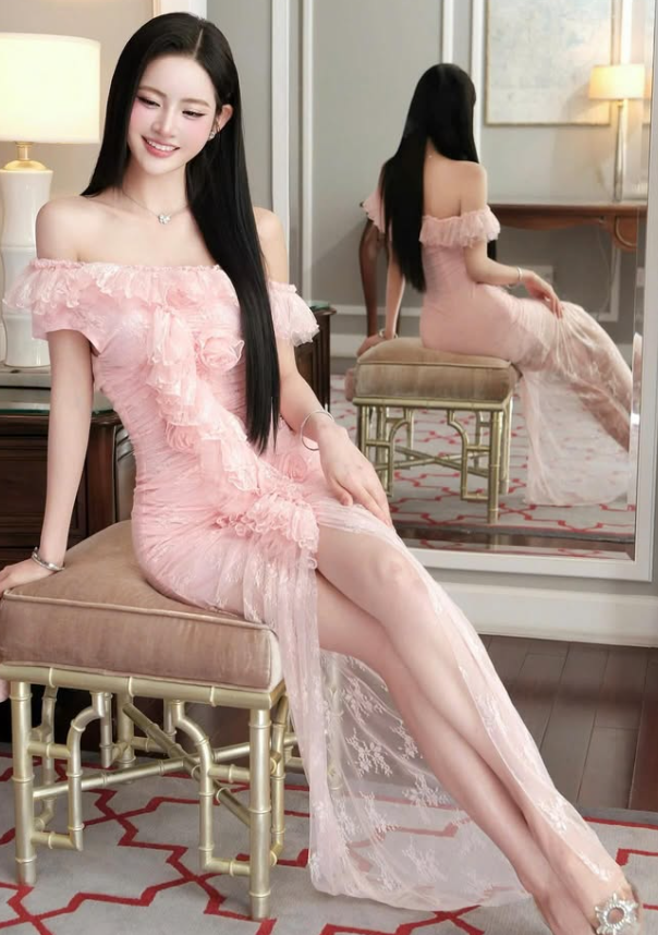 Classic Sheath Off the Shoulder Pink Lace Long Prom Dress Evening Dress SH4670