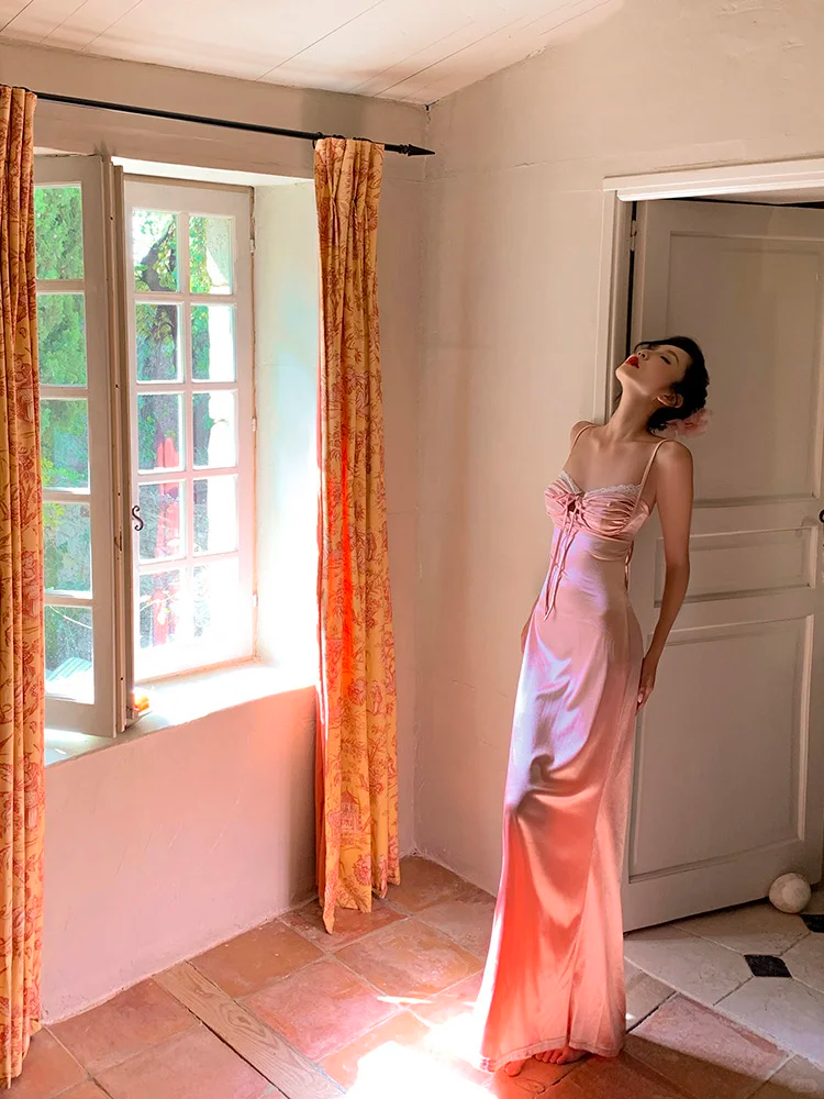 Peaches Pink Sheath Spaghetti Strap Satin Long Prom Dress Evening Dress SH4338