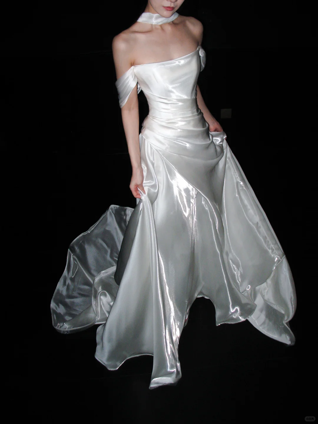 Elegant A Line Off the Shoulder White Pleated Satin Long Wedding Dress SH8906