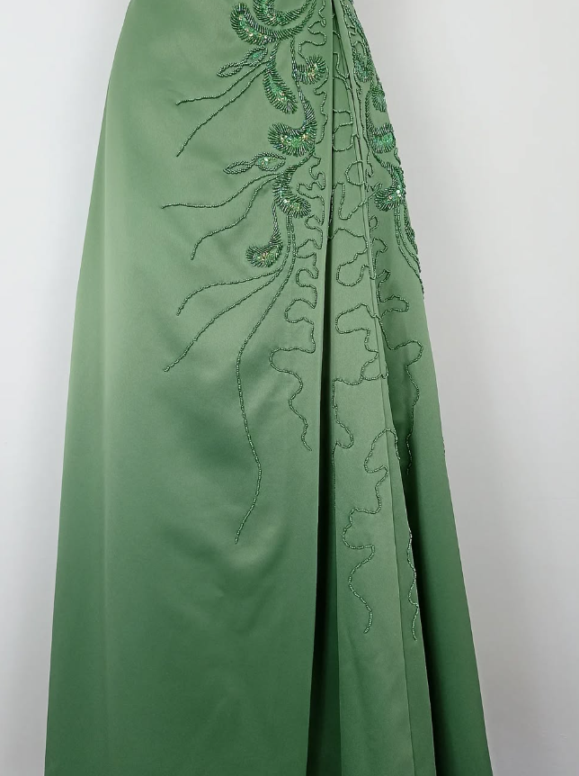 Retro A Line Spaghetti Strap Green Beaded Satin Long Evening Dress Party Dress SH3168