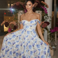 Blue Print Floral A Line Spaghetti Strap Satin Prom Dress Evening Dress SH6605