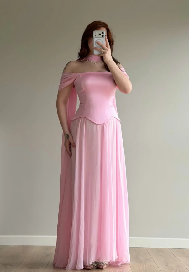 Simple Pink A Line Off the Shoulder Chiffon Satin Prom Dress Wedding Guest Dress SH5420