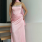 Sweety Pink Sheath Strapless Beaded Satin Prom Dress Wedding Guest Dress SH5419
